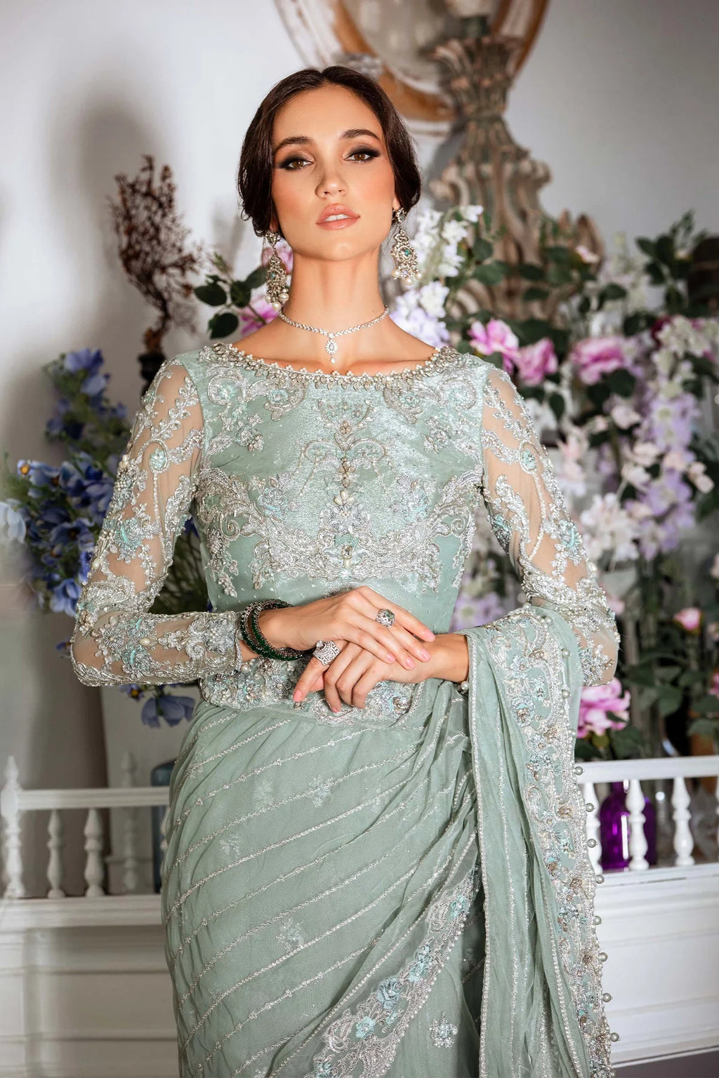 Mint Mirage: Heavily Embellished Net Saree