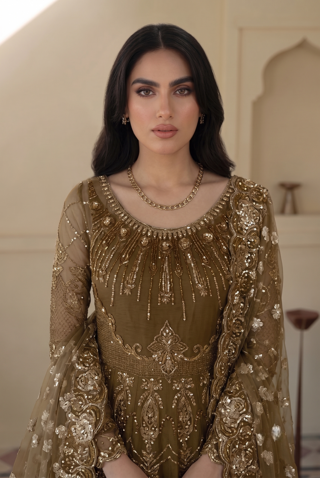 The Olive Monarch: Heavily Embellished Net Maxi | Ready To Wear