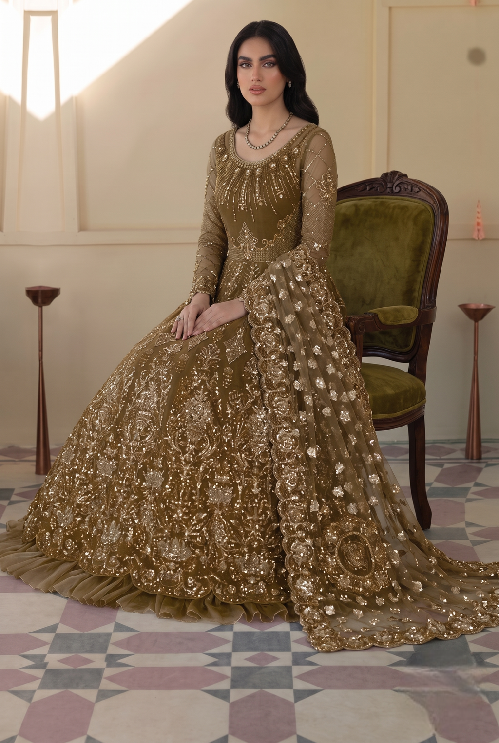 The Olive Monarch: Heavily Embellished Net Maxi | Ready To Wear