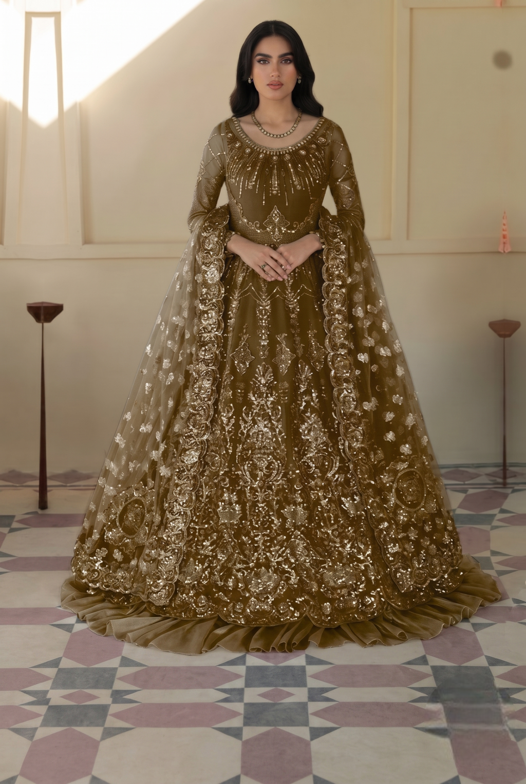 The Olive Monarch: Heavily Embellished Net Maxi | Ready To Wear