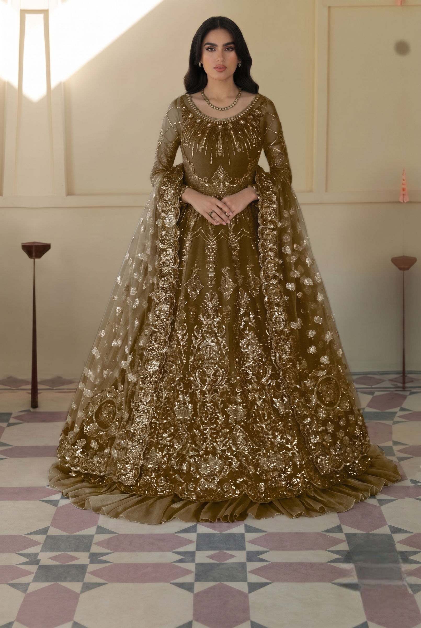The Olive Monarch: Heavily Embellished Net Maxi | Ready To Wear
