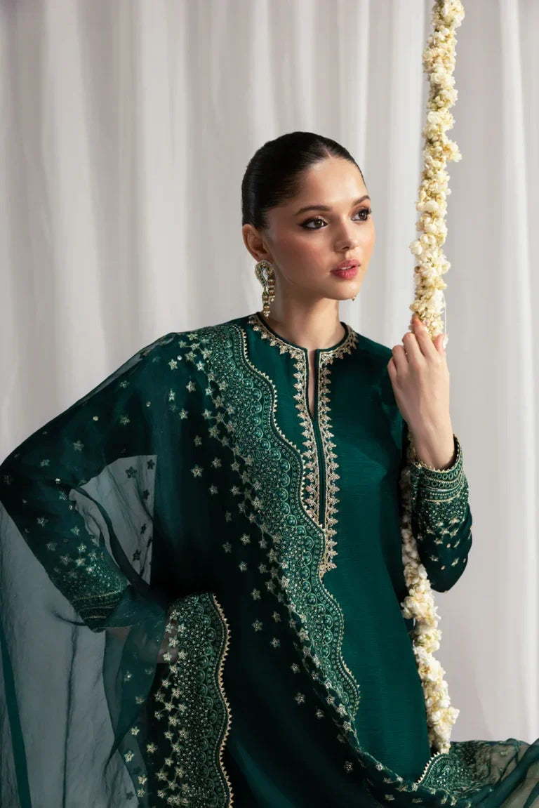 Forest Elegance: Gold Embroidered Silk Suit | Ready To Wear