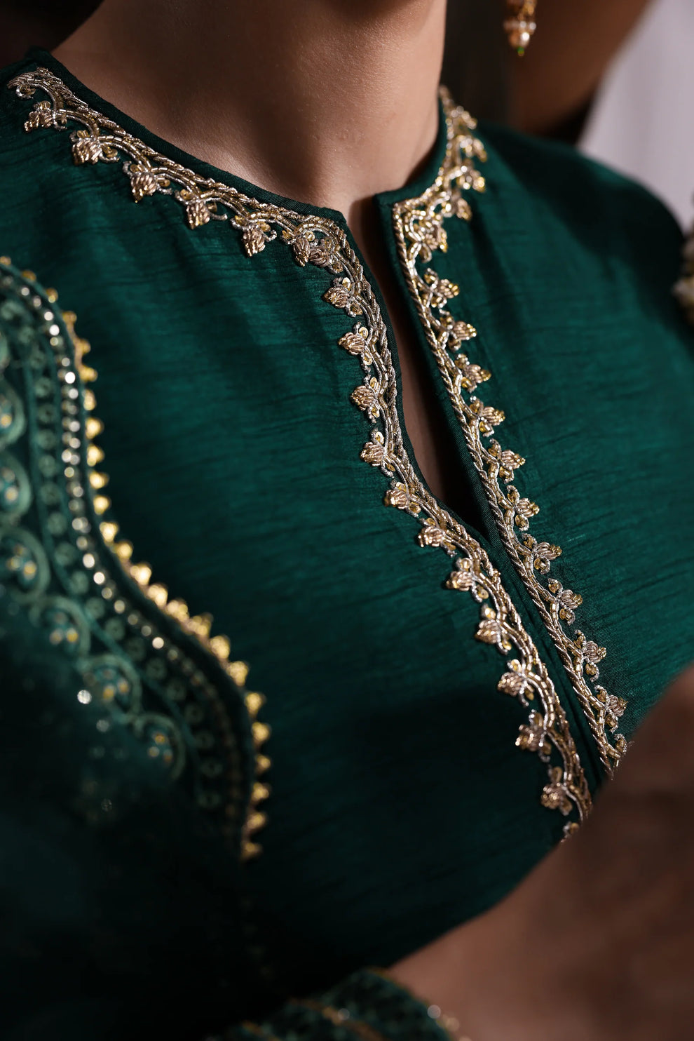 Forest Elegance: Gold Embroidered Silk Suit | Ready To Wear