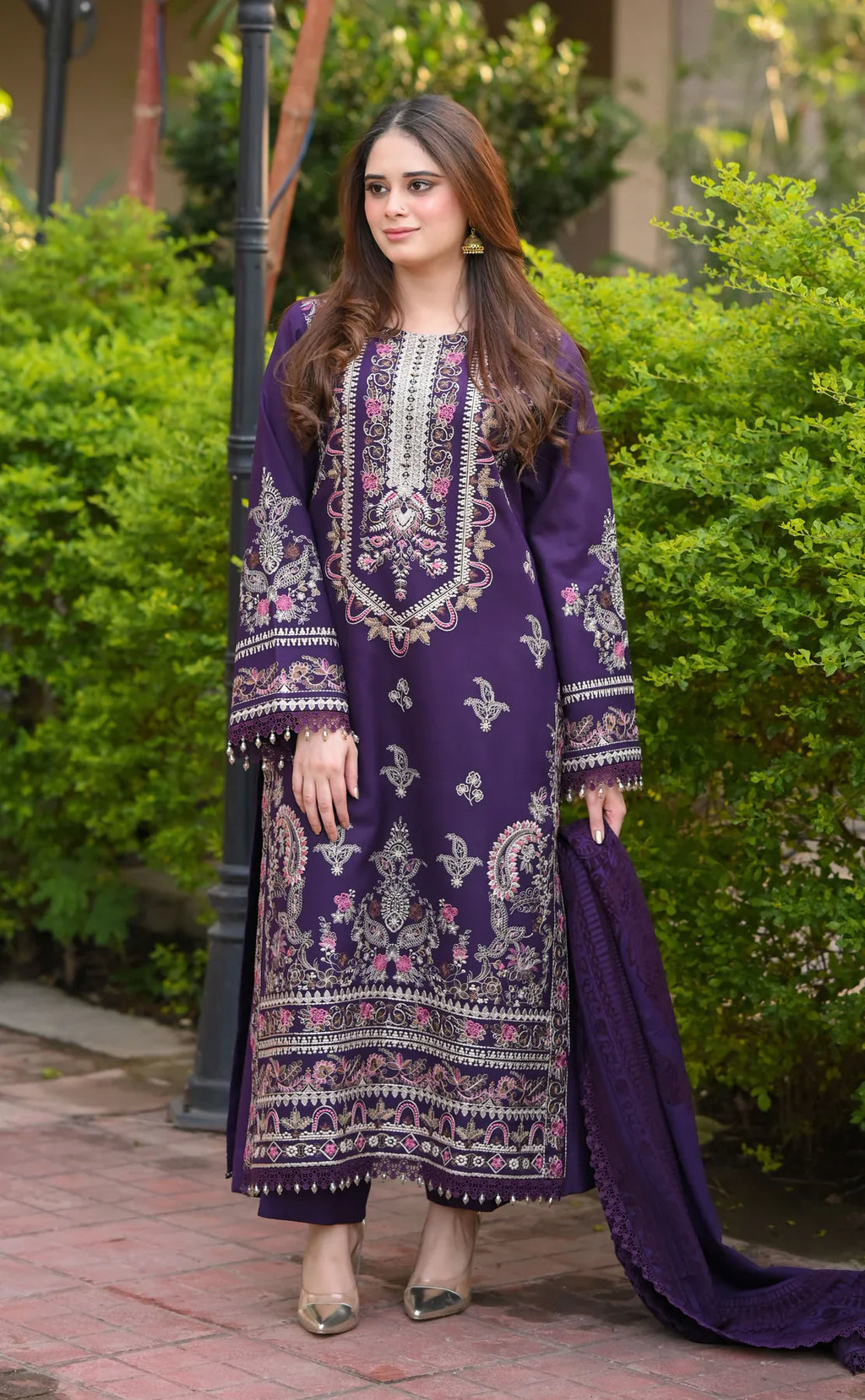 The Royal Plum: Heavy Chickenkari Embroidered Cotton Suit | Ready To Wear
