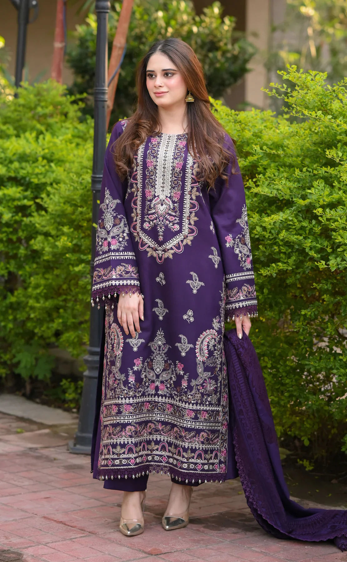 The Royal Plum: Heavy Chickenkari Embroidered Cotton Suit | Ready To Wear