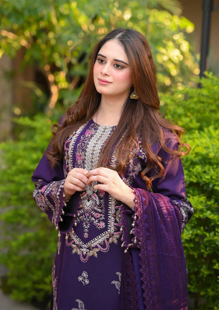 The Royal Plum: Heavy Chickenkari Embroidered Cotton Suit | Ready To Wear