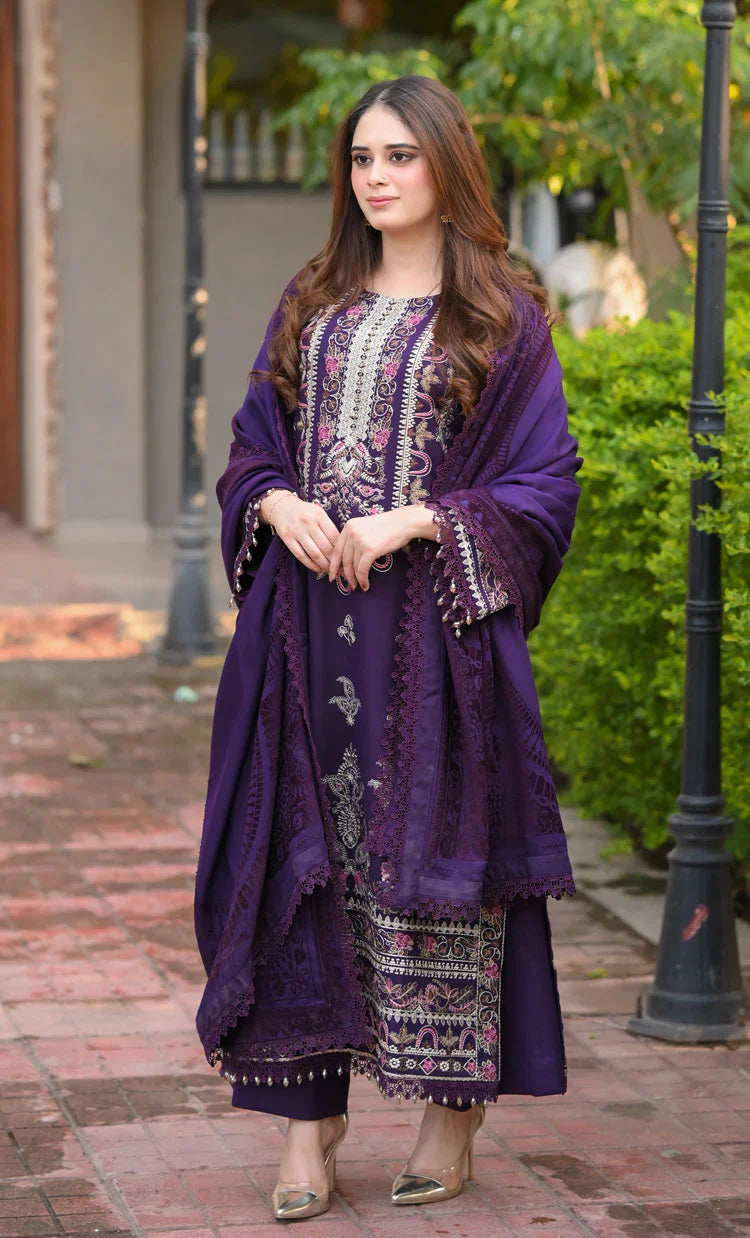 The Royal Plum: Heavy Chickenkari Embroidered Cotton Suit | Ready To Wear