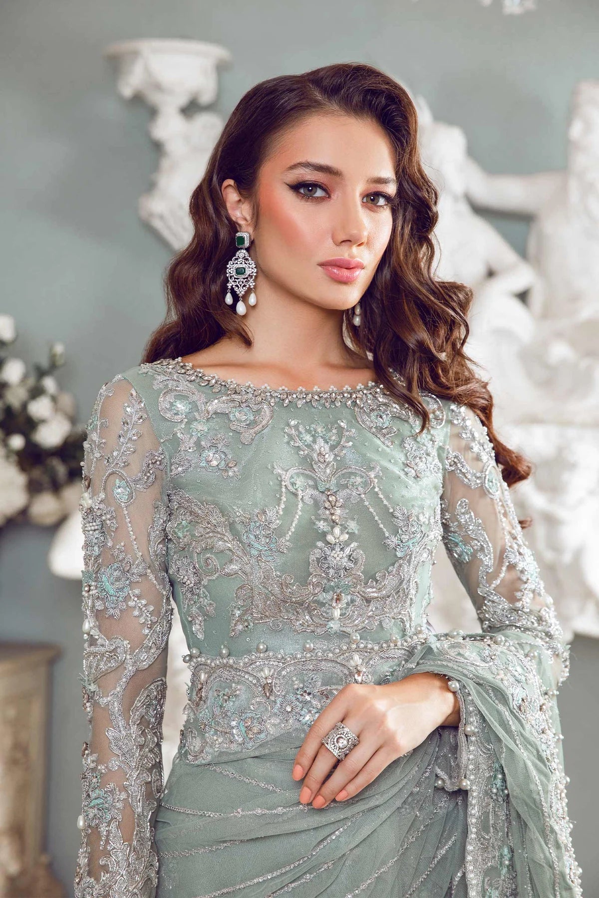 Mint Mirage: Heavily Embellished Net Saree