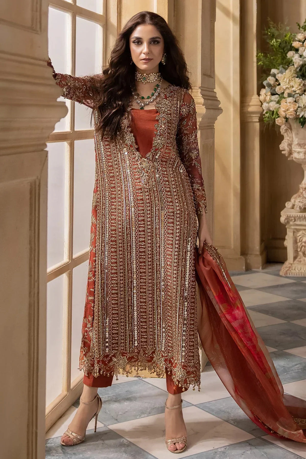 Copper Cascade: Heavy Embroidered Chiffon Suit With | Ready To Wear