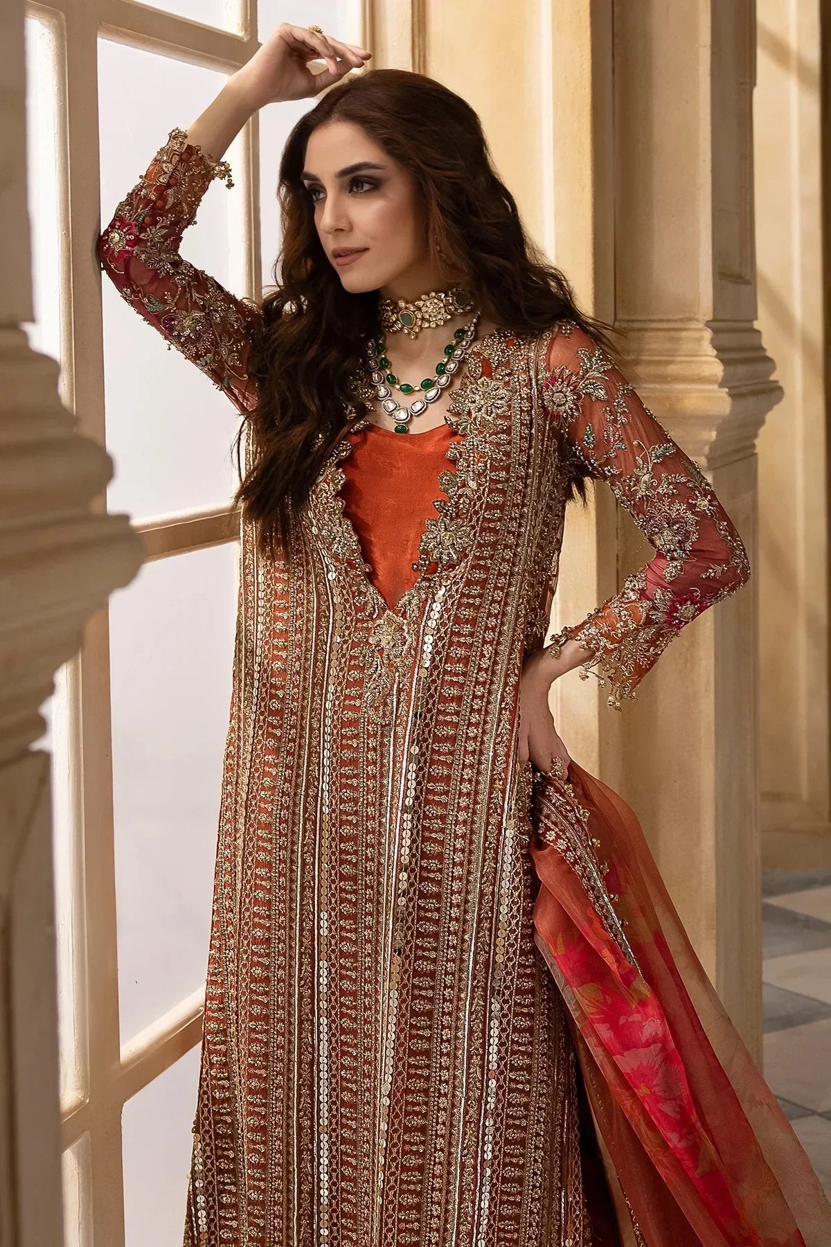 Copper Cascade: Heavy Embroidered Chiffon Suit With | Ready To Wear