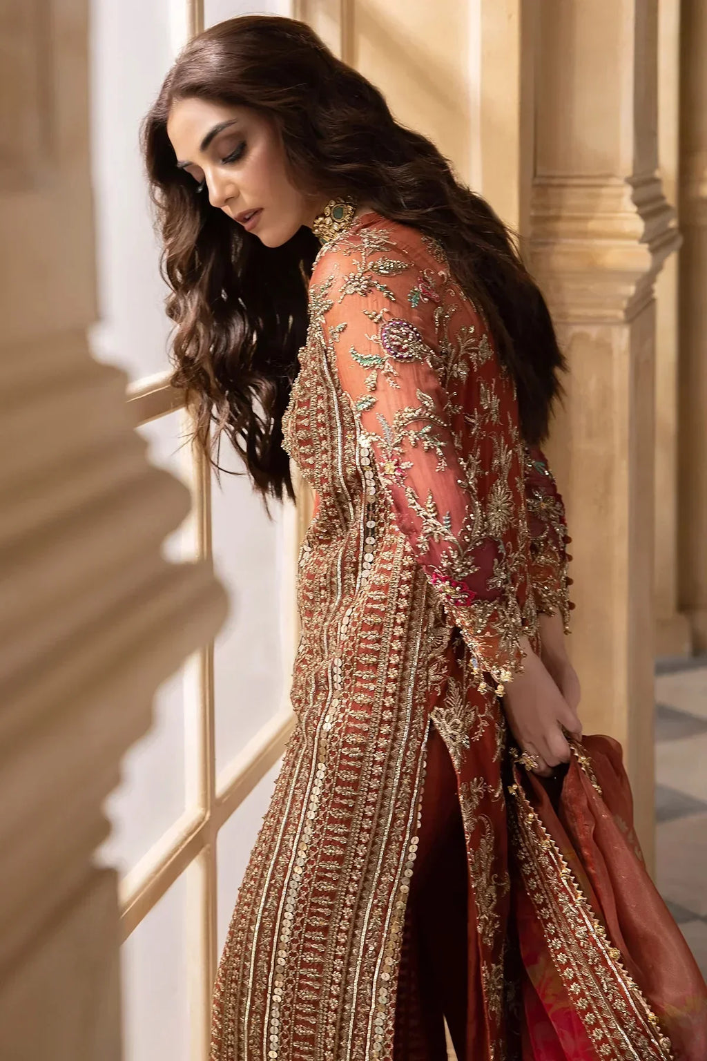 Copper Cascade: Heavy Embroidered Chiffon Suit With | Ready To Wear