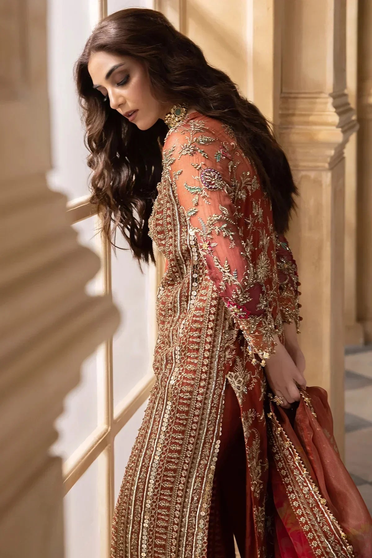 Copper Cascade: Heavy Embroidered Chiffon Suit With | Ready To Wear