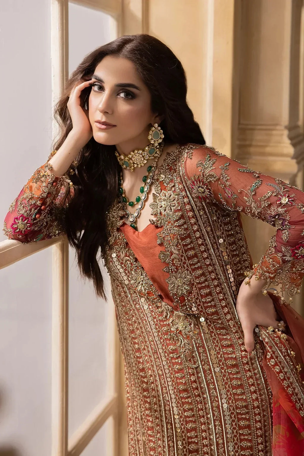 Copper Cascade: Heavy Embroidered Chiffon Suit With | Ready To Wear