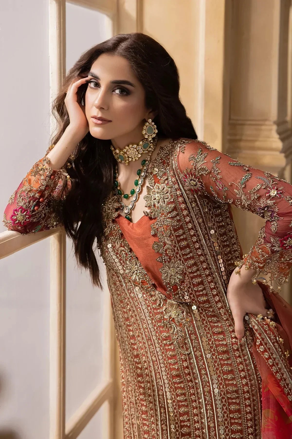 Copper Cascade: Heavy Embroidered Chiffon Suit With | Ready To Wear