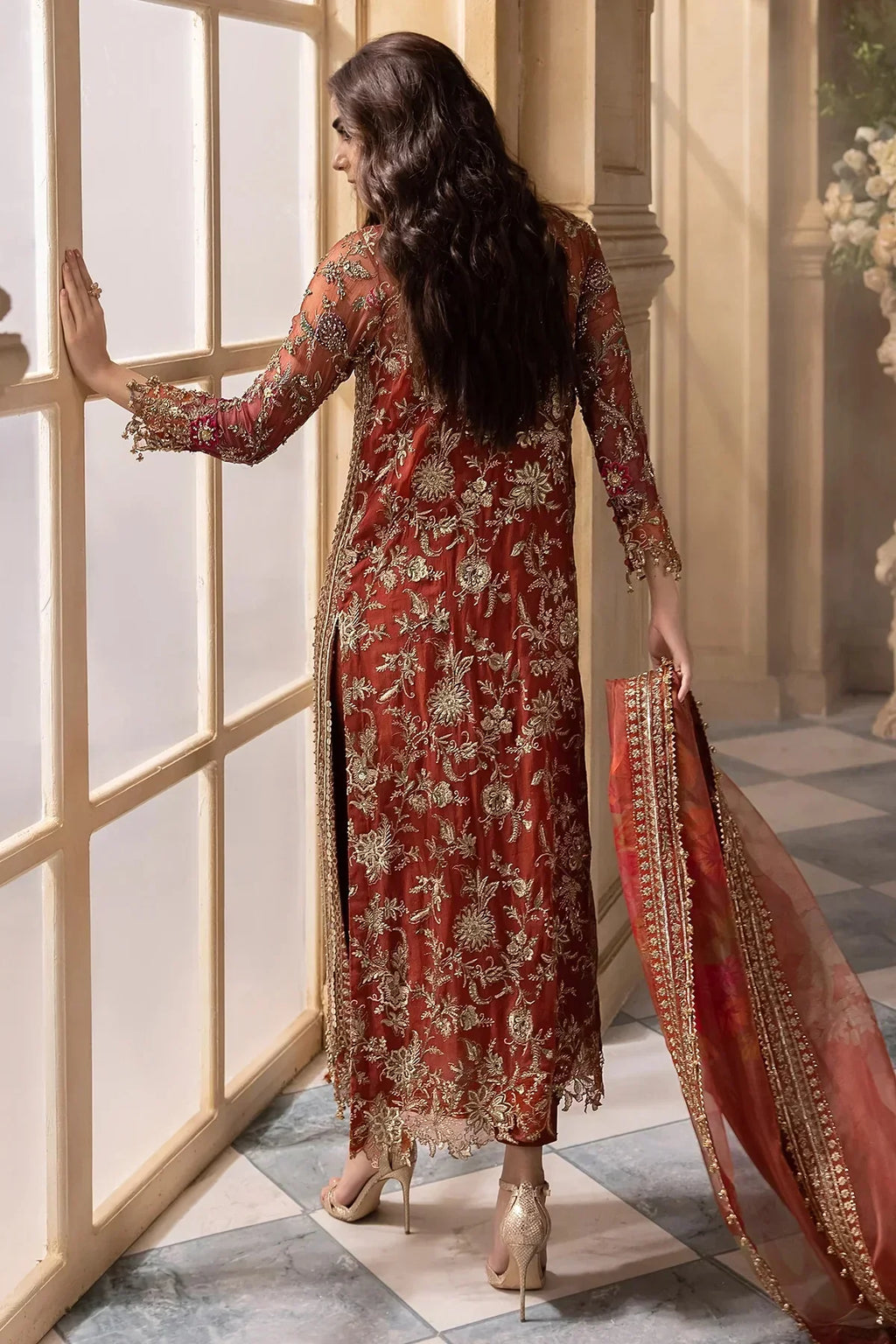 Copper Cascade: Heavy Embroidered Chiffon Suit With | Ready To Wear