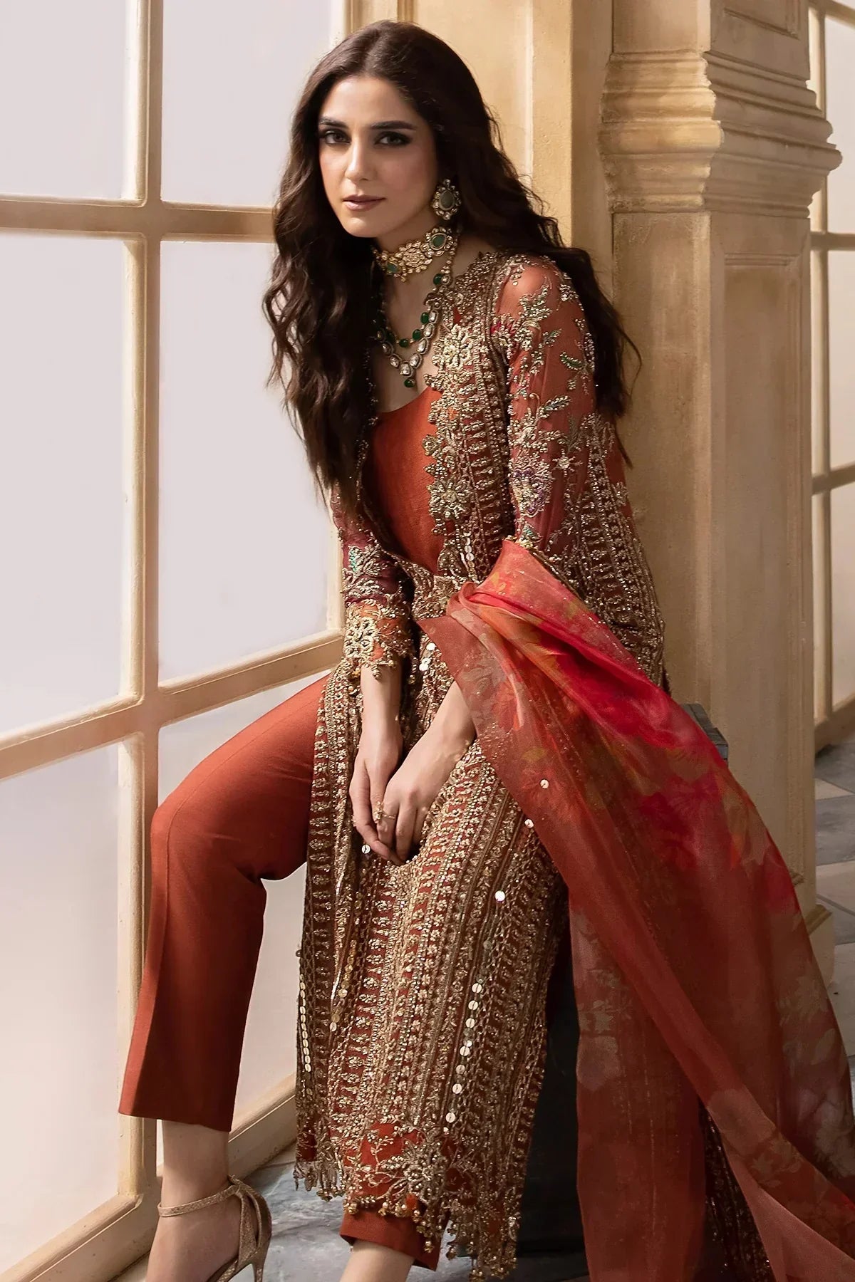 Copper Cascade: Heavy Embroidered Chiffon Suit With | Ready To Wear