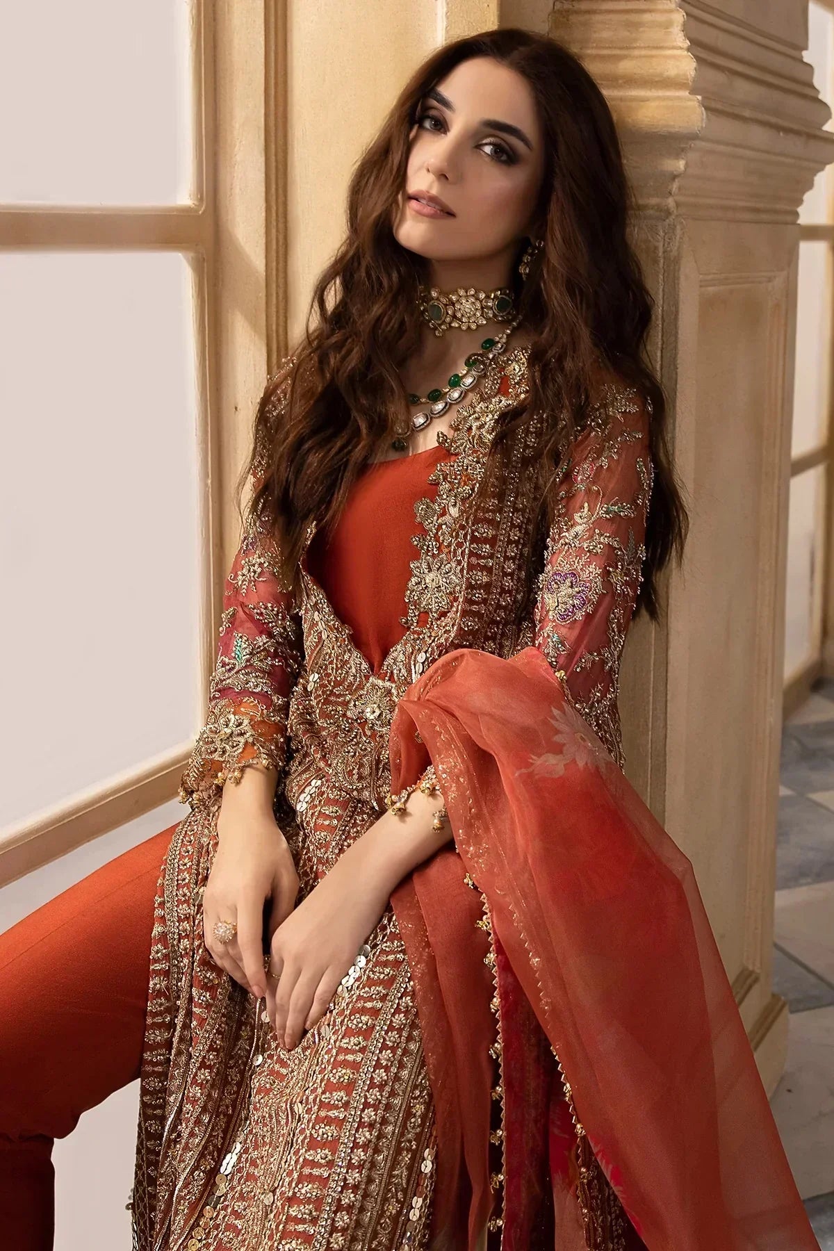 Copper Cascade: Heavy Embroidered Chiffon Suit With | Ready To Wear