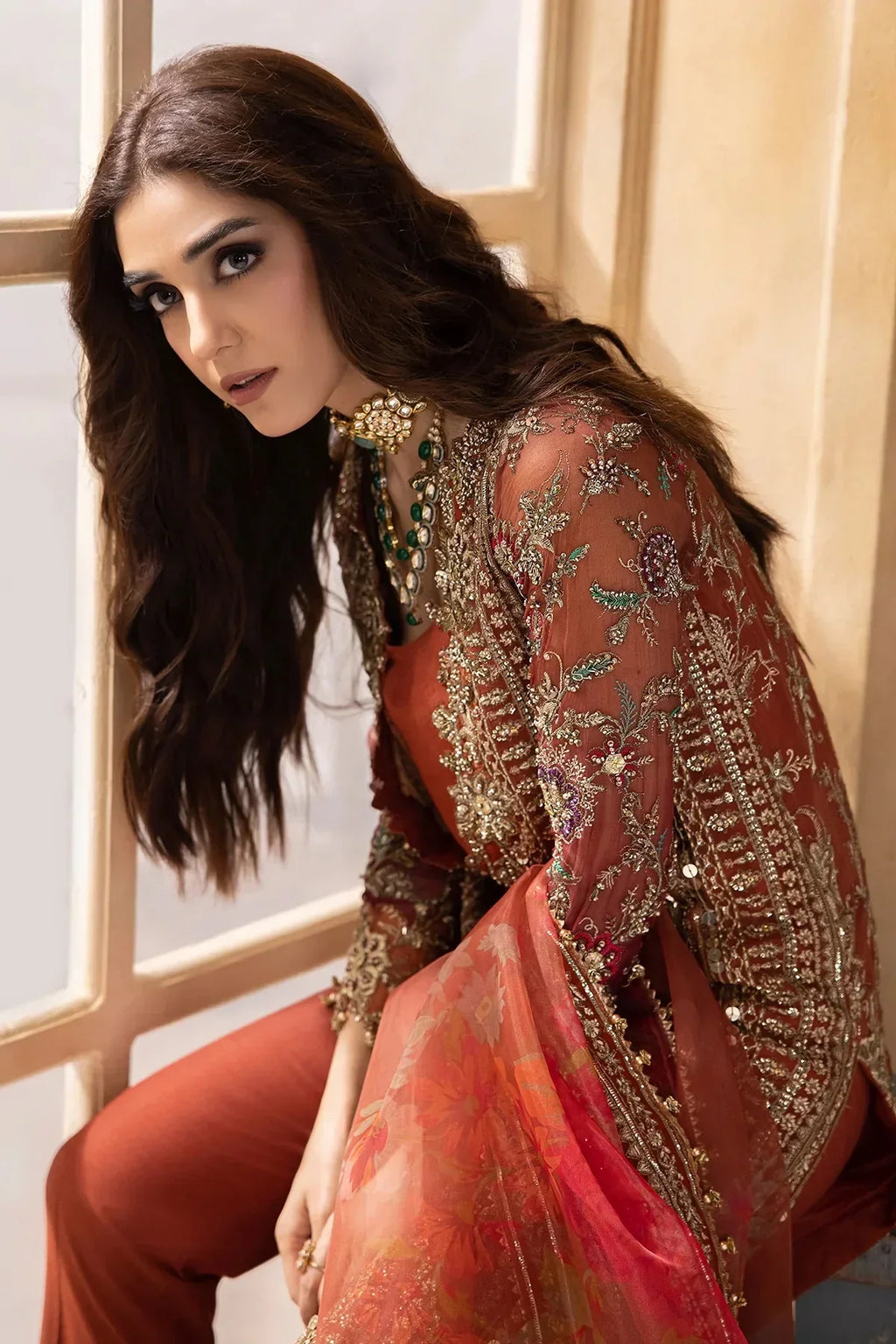 Copper Cascade: Heavy Embroidered Chiffon Suit With | Ready To Wear