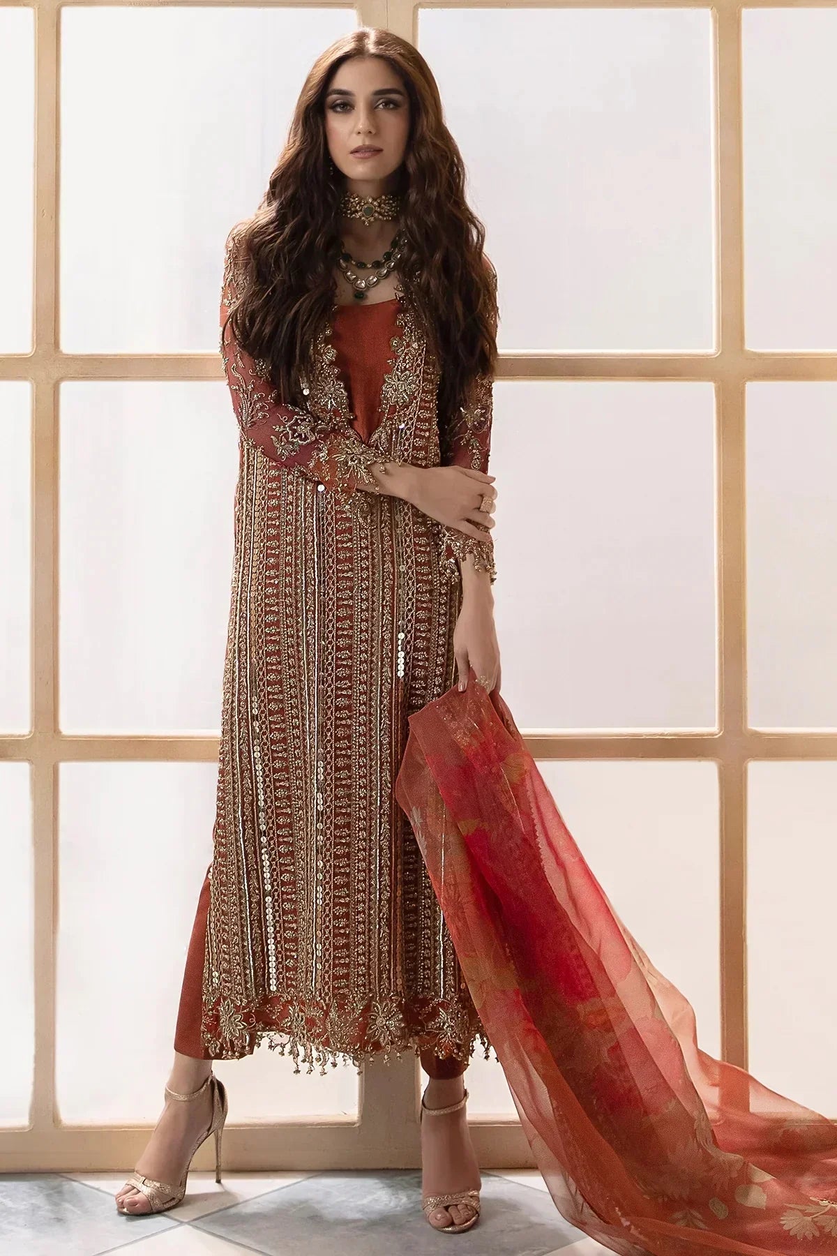 Copper Cascade: Heavy Embroidered Chiffon Suit With | Ready To Wear