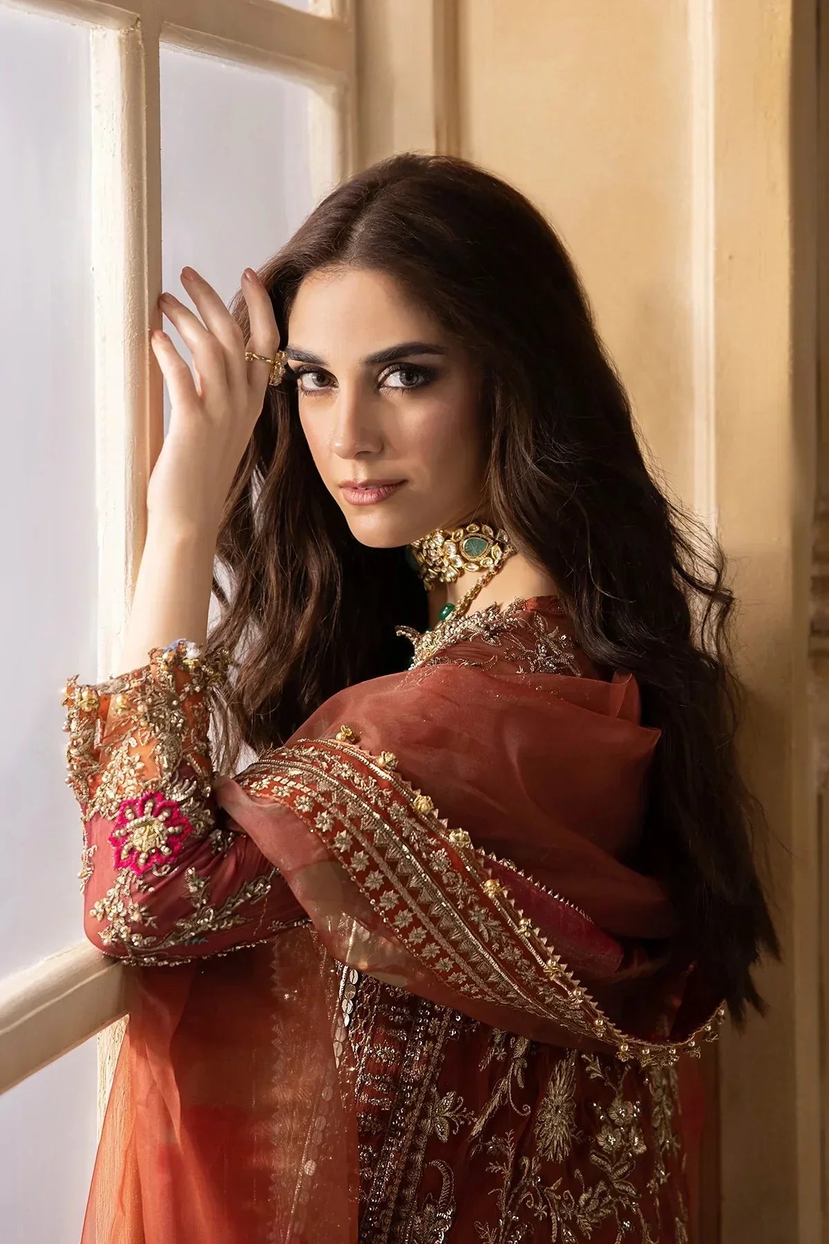 Copper Cascade: Heavy Embroidered Chiffon Suit With | Ready To Wear