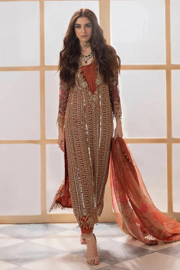 Copper Cascade: Heavy Embroidered Chiffon Suit With | Ready To Wear