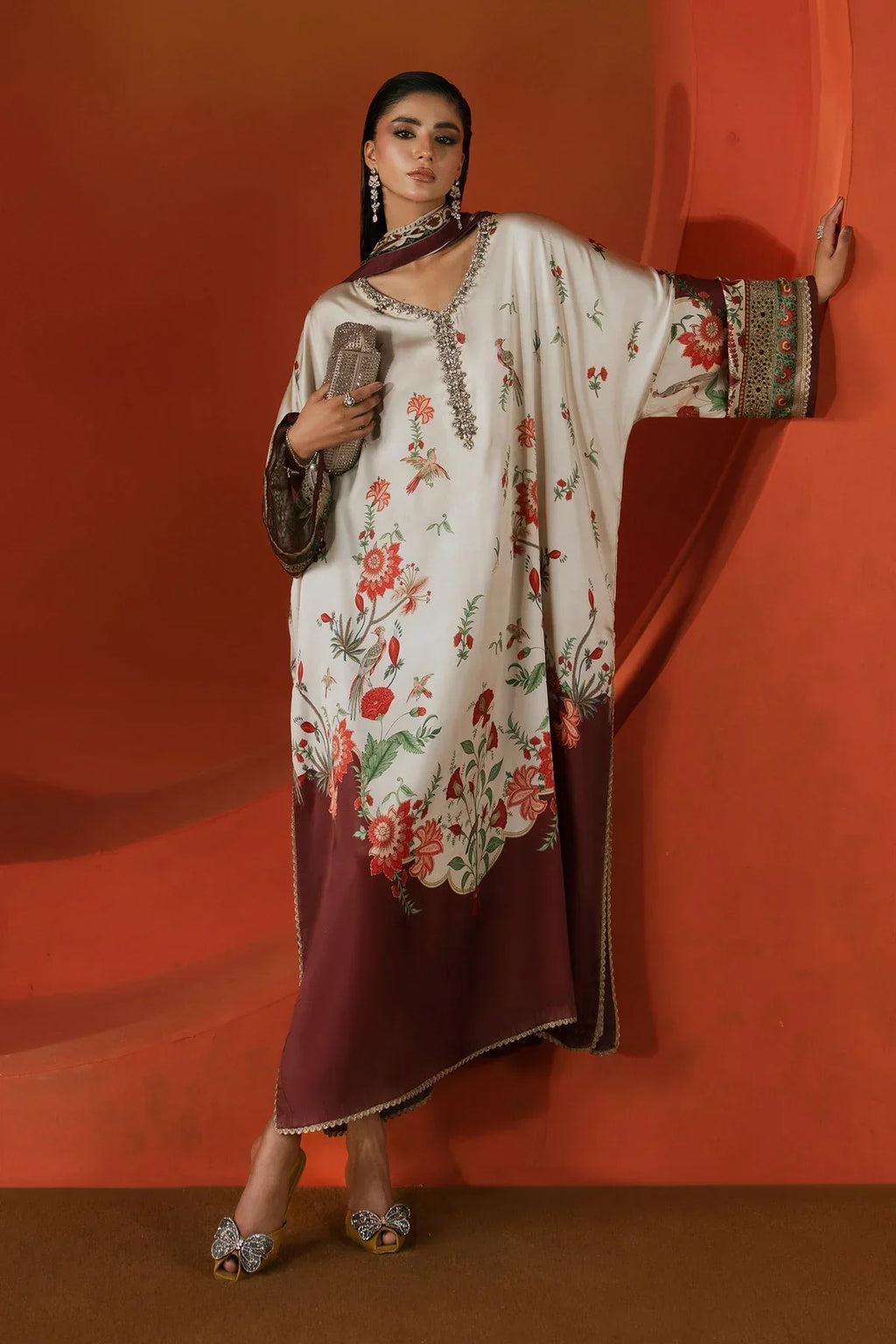 The Ivory Kaftan: Botanical Printed Silk Luxe Kaftan | Ready To Wear