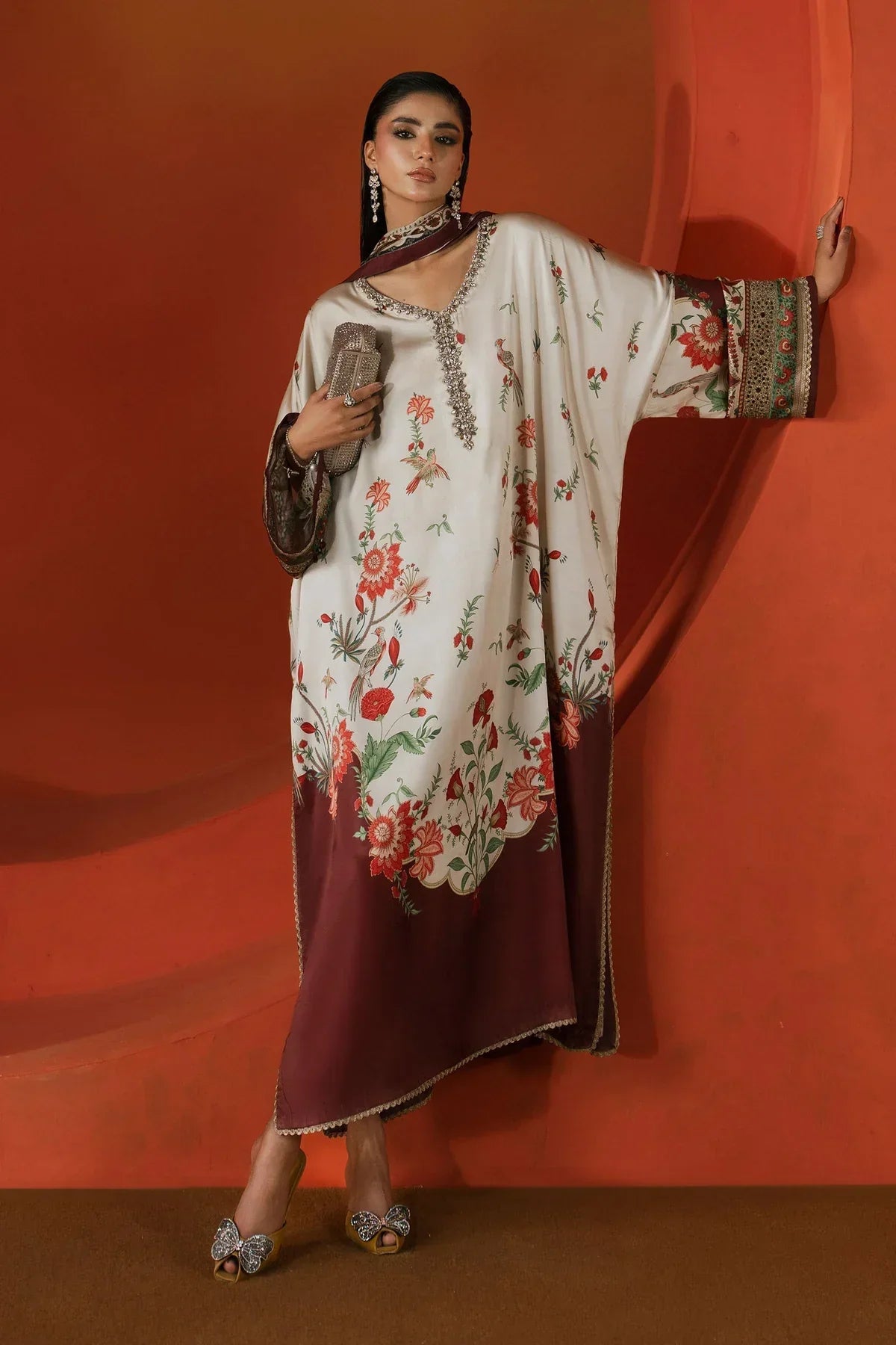 The Ivory Kaftan: Botanical Printed Silk Luxe Kaftan | Ready To Wear