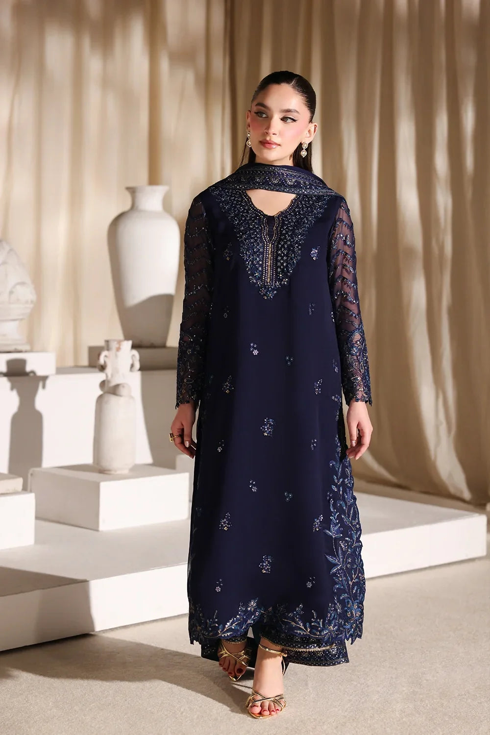 Navy Blue & Metallic Accent: Embroidered Chiffon Suit | Ready To Wear