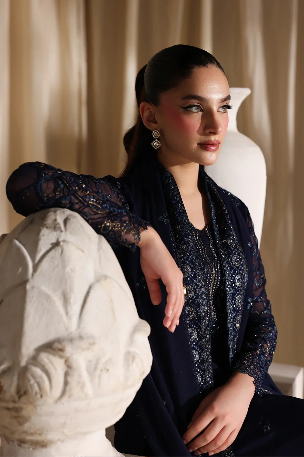 Navy Blue & Metallic Accent: Embroidered Chiffon Suit | Ready To Wear