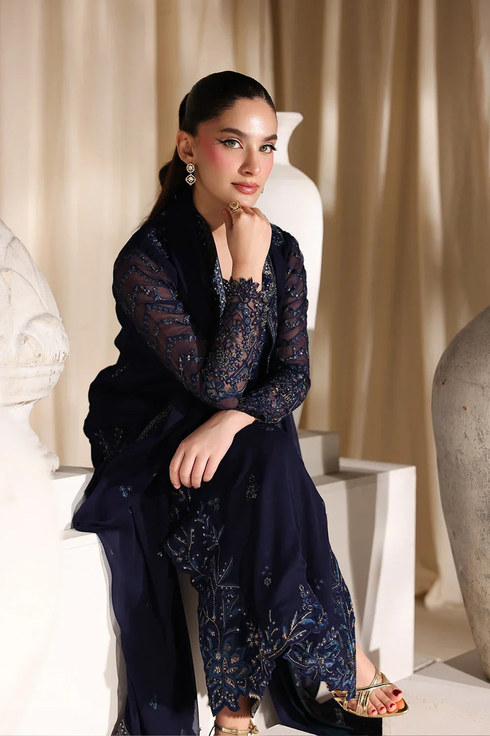 Navy Blue & Metallic Accent: Embroidered Chiffon Suit | Ready To Wear