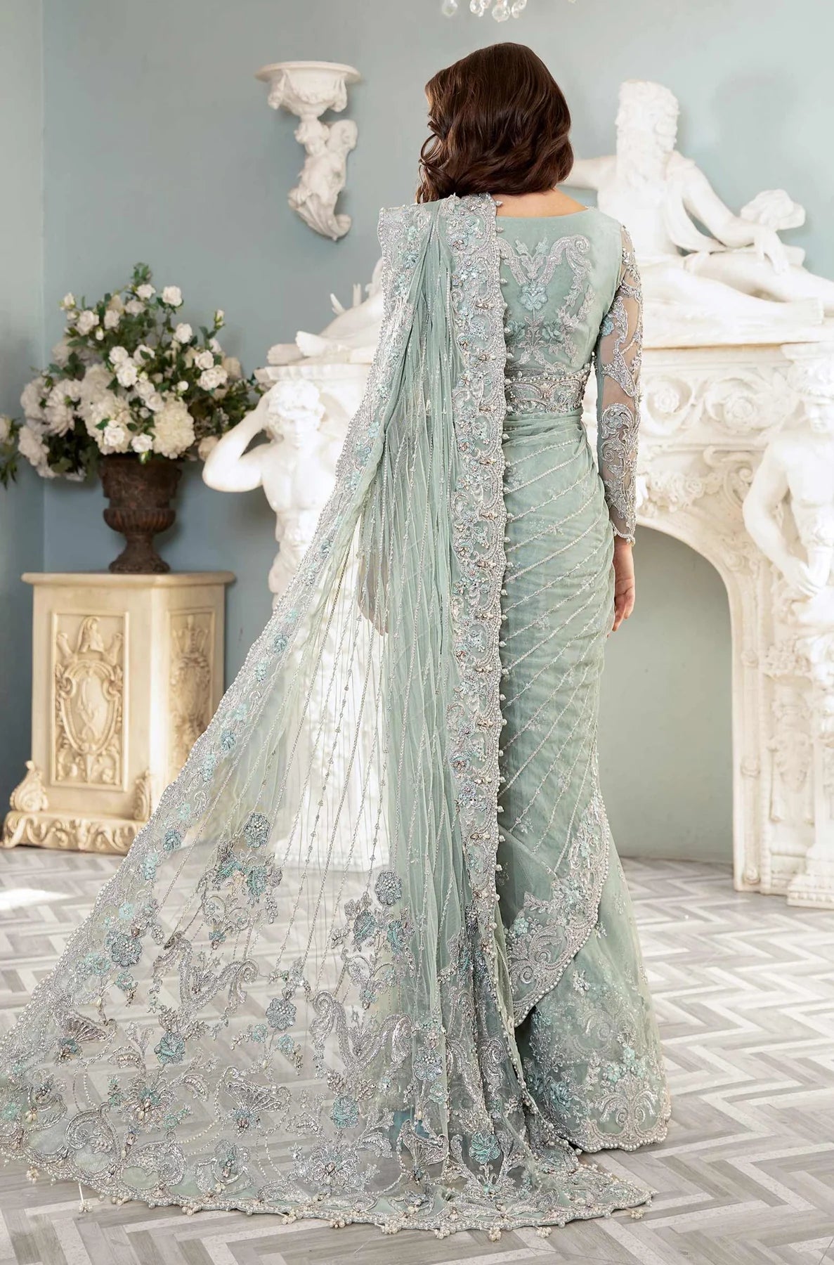 Mint Mirage: Heavily Embellished Net Saree