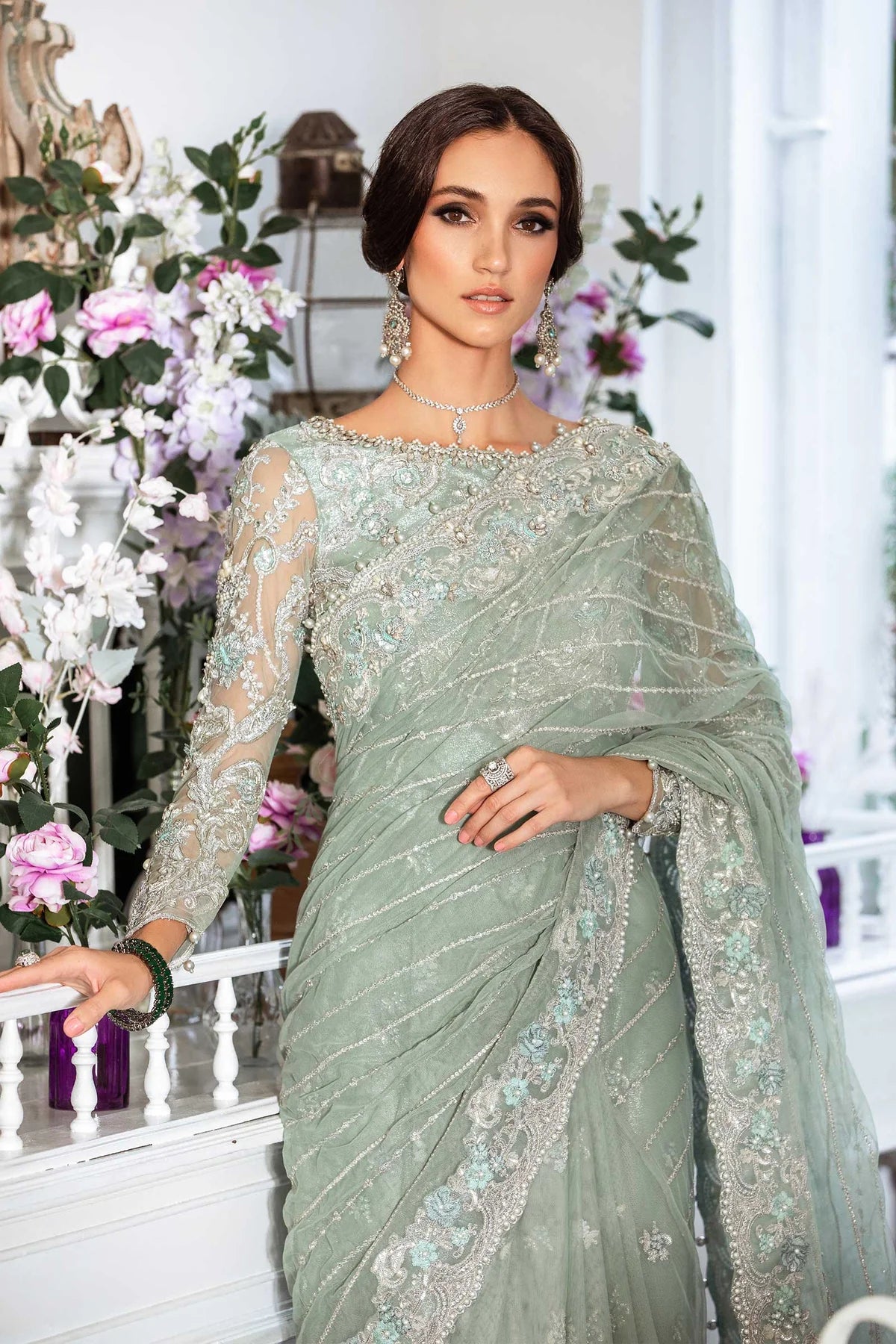 Mint Mirage: Heavily Embellished Net Saree