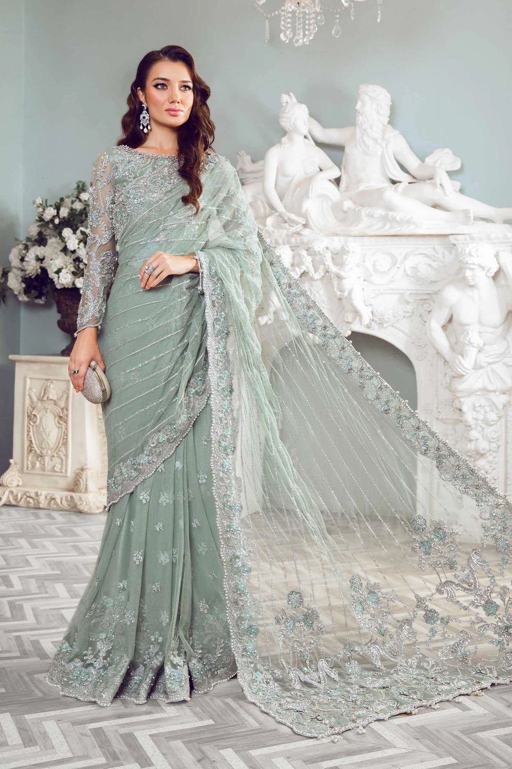 Mint Mirage: Heavily Embellished Net Saree