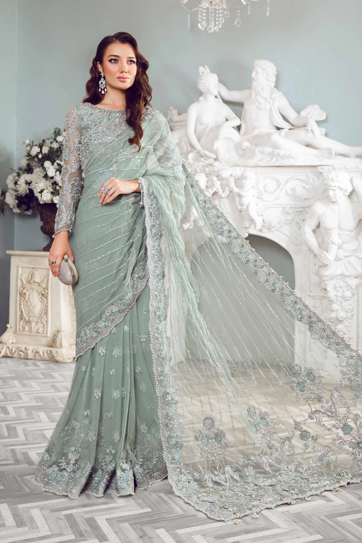 Mint Mirage: Heavily Embellished Net Saree