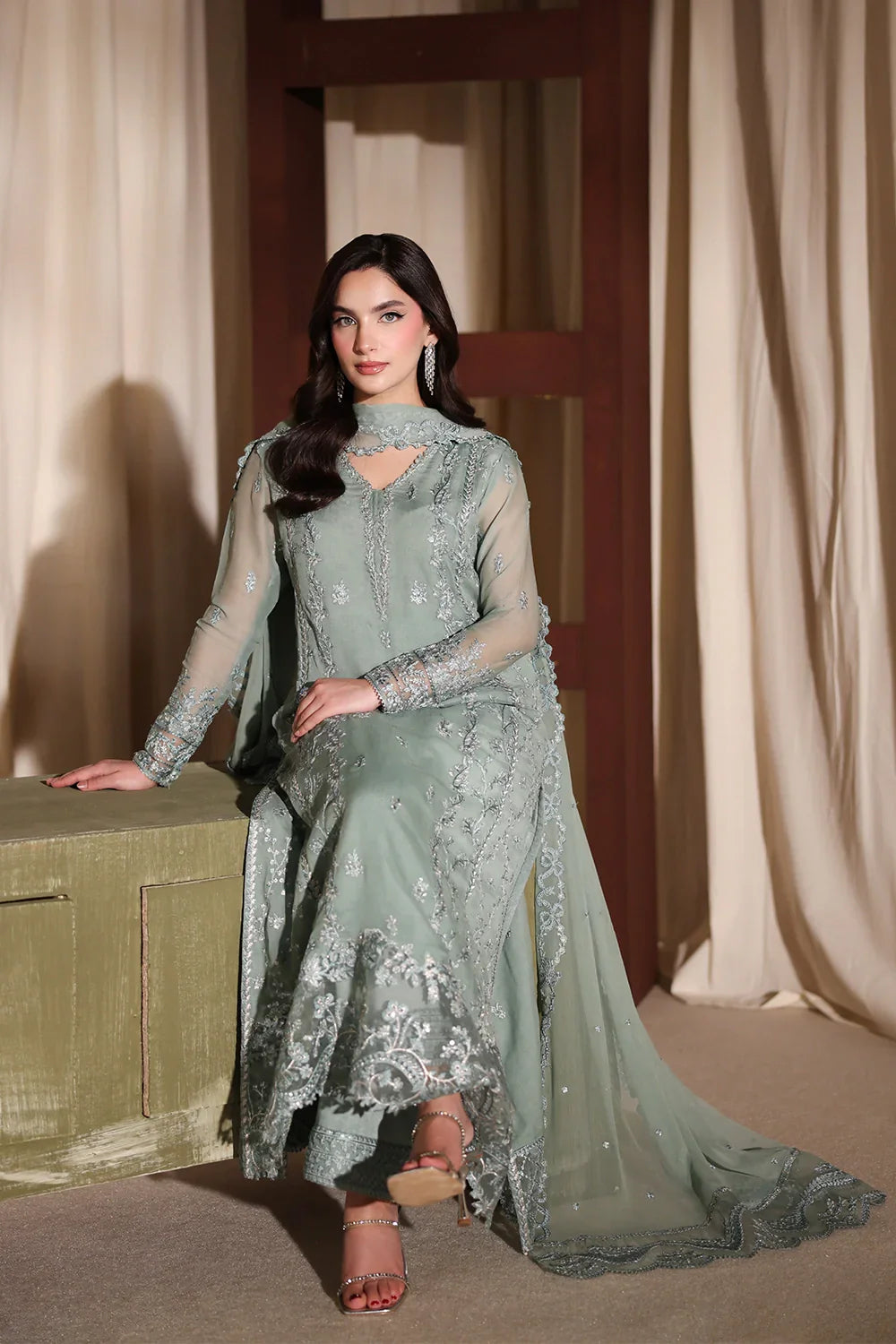 The Sage Whisper: Ethereal Embroidered Chiffon Suit  | Ready To Wear
