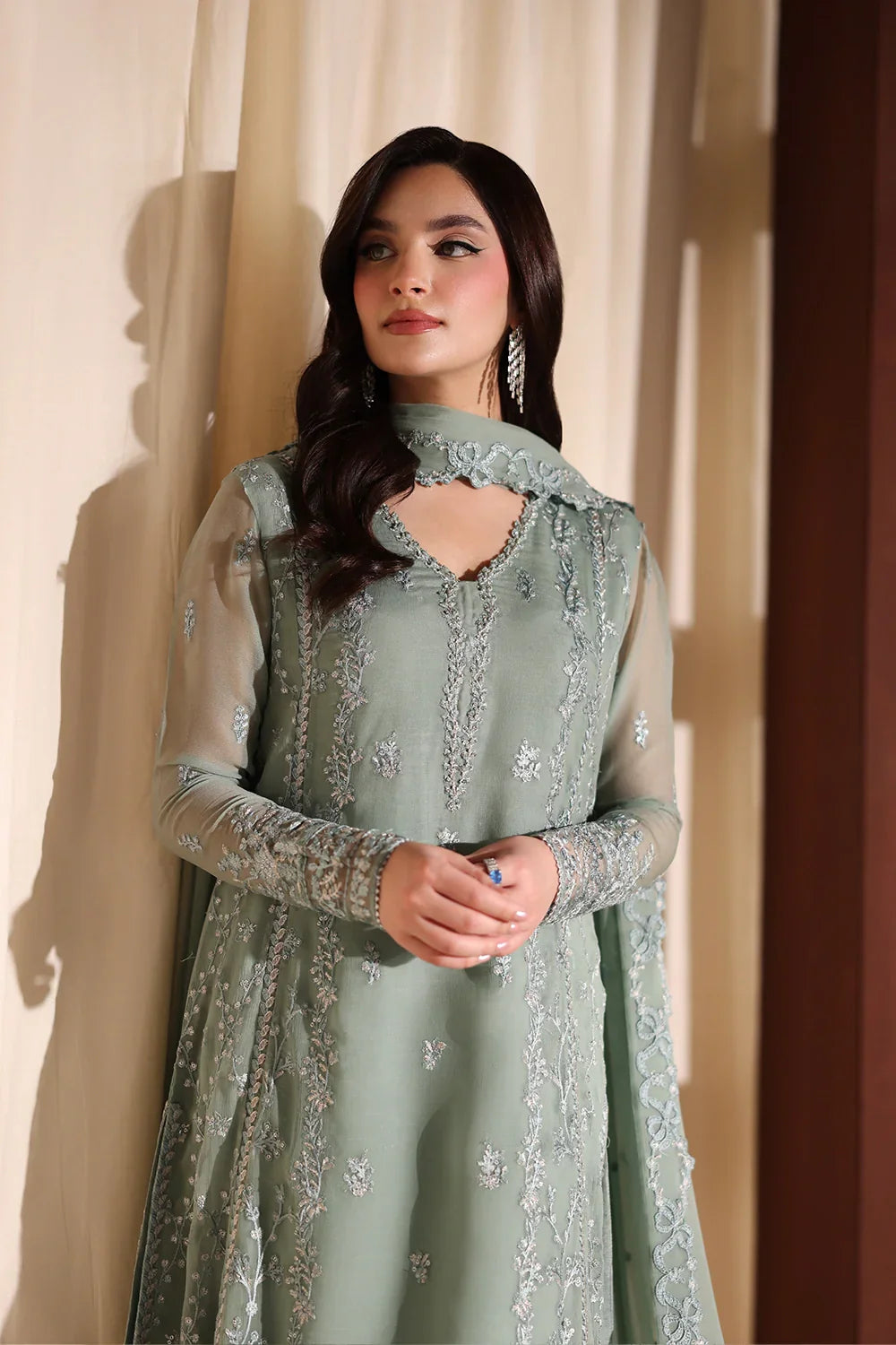 The Sage Whisper: Ethereal Embroidered Chiffon Suit  | Ready To Wear