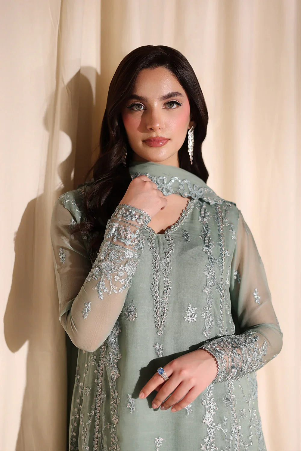 The Sage Whisper: Ethereal Embroidered Chiffon Suit  | Ready To Wear