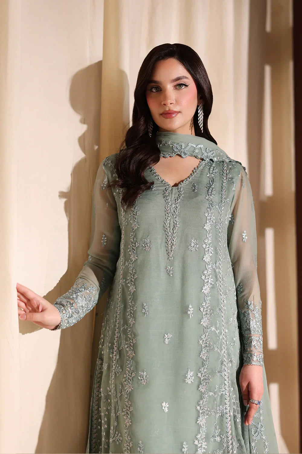 The Sage Whisper: Ethereal Embroidered Chiffon Suit  | Ready To Wear