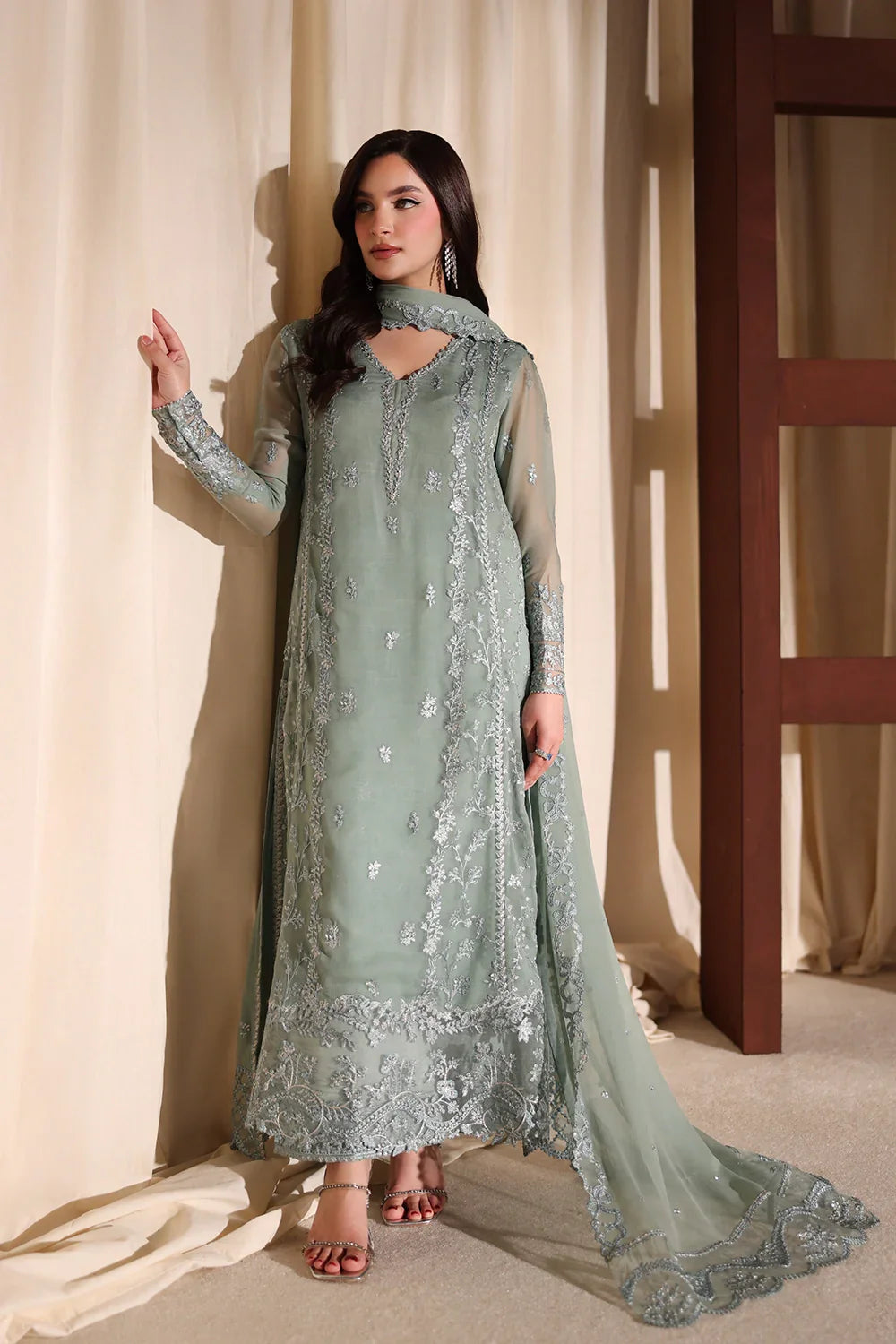 The Sage Whisper: Ethereal Embroidered Chiffon Suit  | Ready To Wear