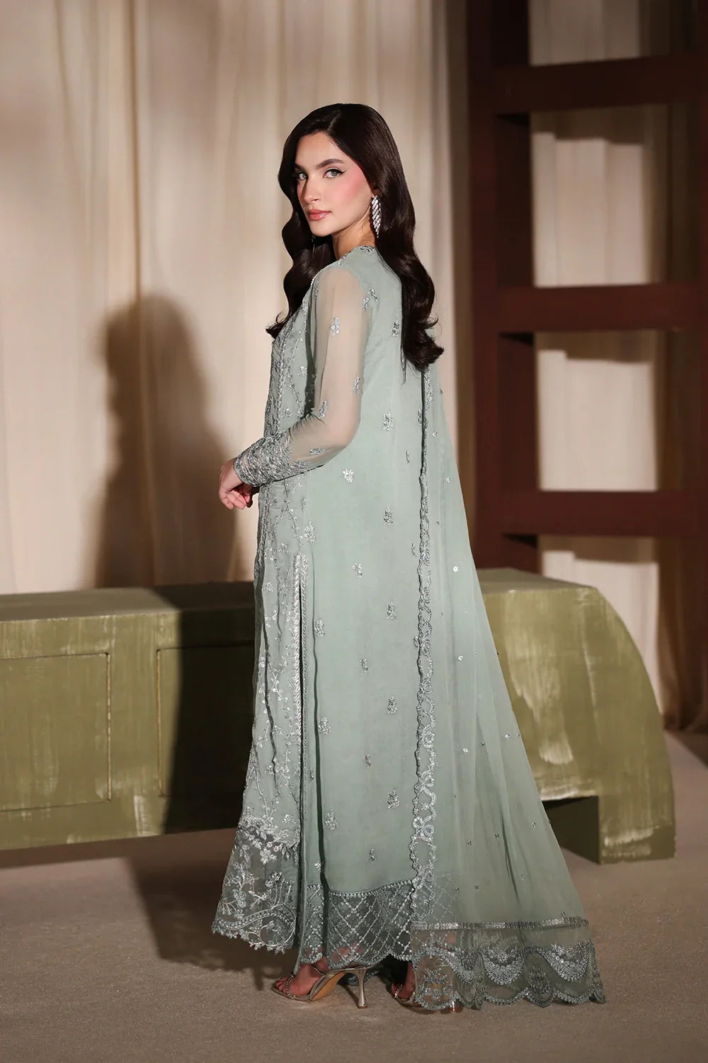 The Sage Whisper: Ethereal Embroidered Chiffon Suit  | Ready To Wear