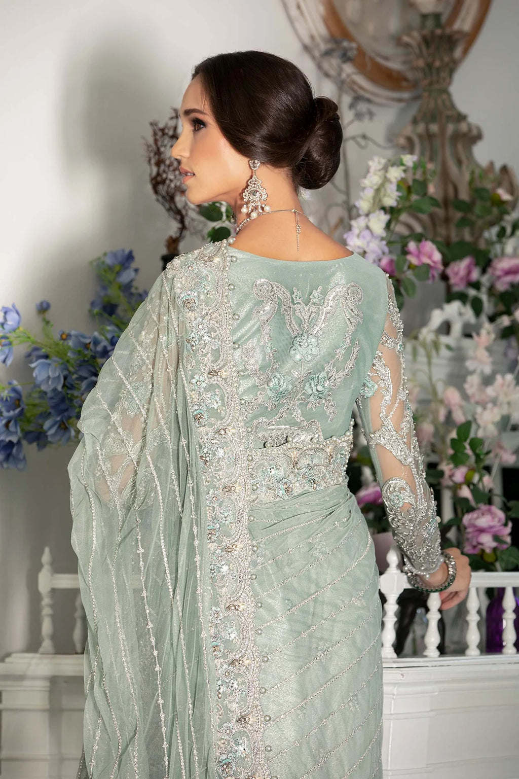 Mint Mirage: Heavily Embellished Net Saree