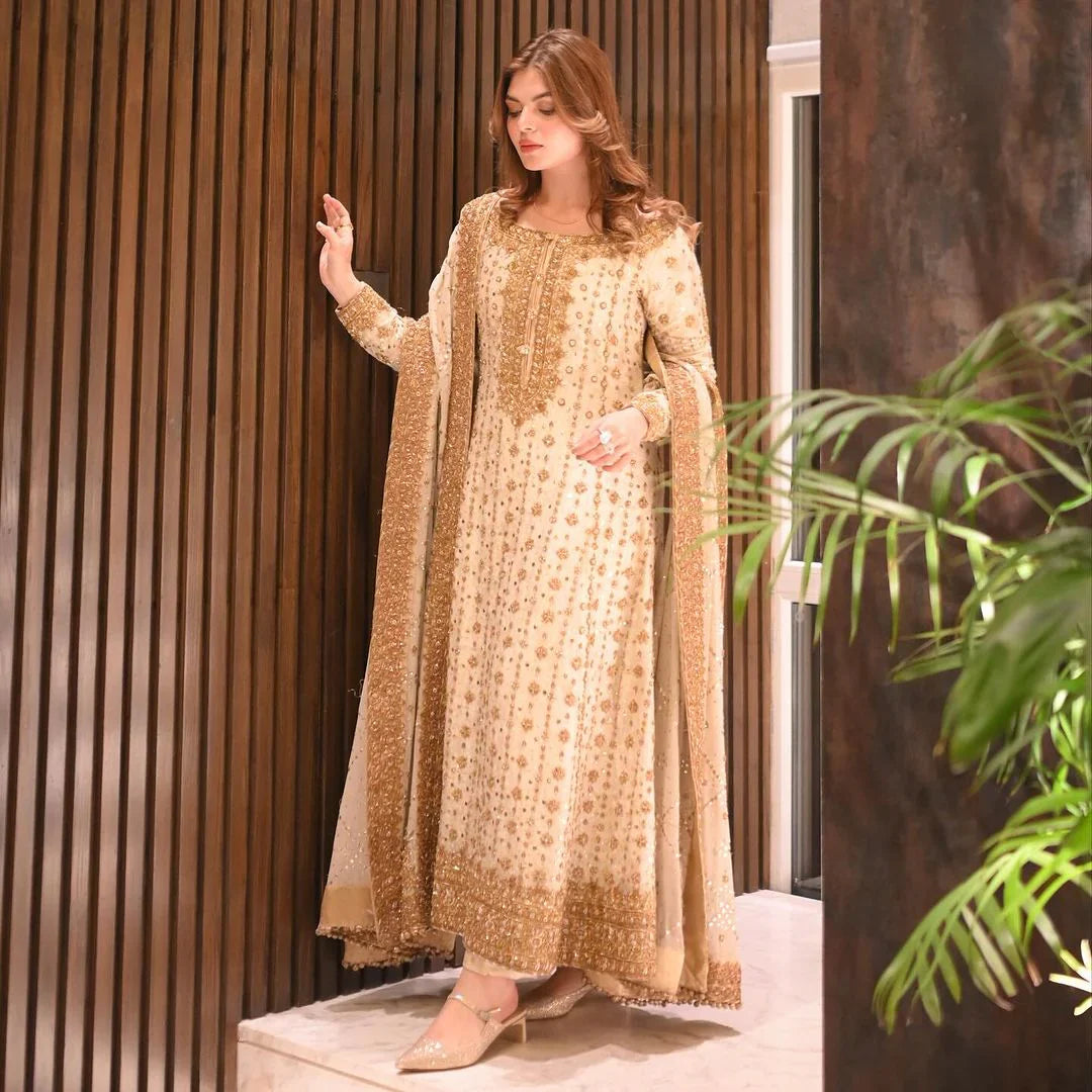Ivory Glimmer: Embroidered Chiffon Suit | Ready To Wear