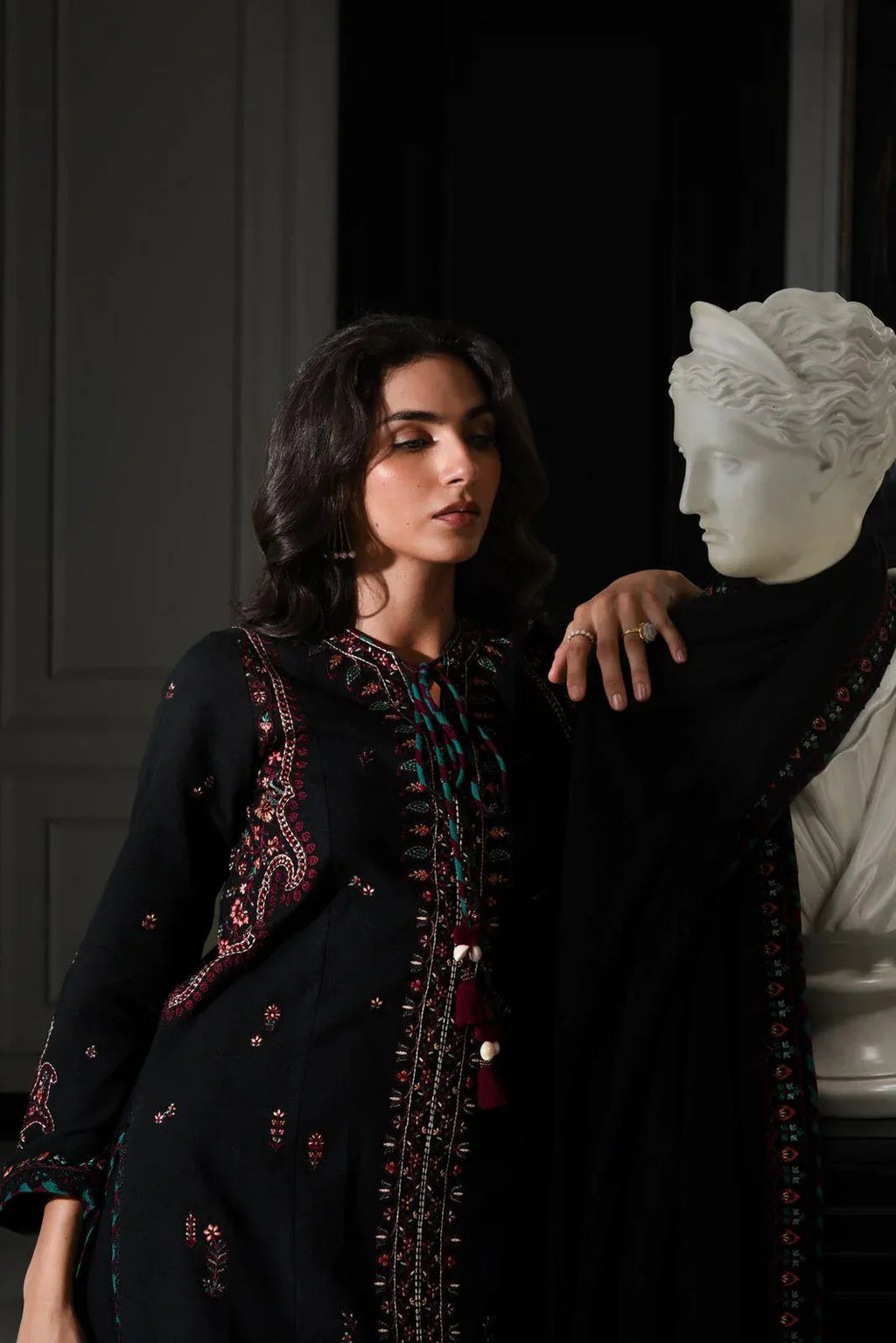 Midnight Noir: Multi Thread Embroidered Cotton Suit | Ready To Wear