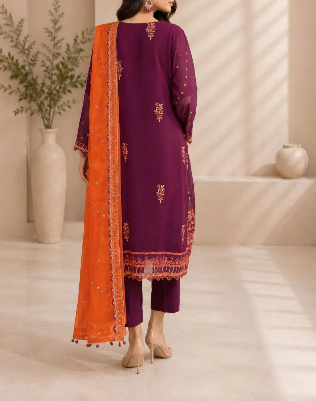Elegant Purple and Orange: Embroidered Chiffon Suit | Ready To Wear