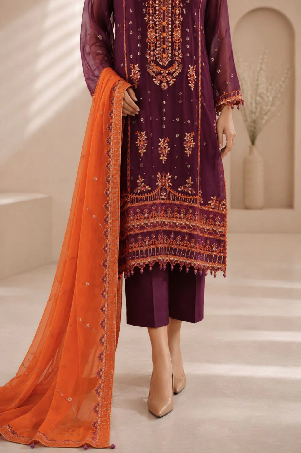 Elegant Purple and Orange: Embroidered Chiffon Suit | Ready To Wear