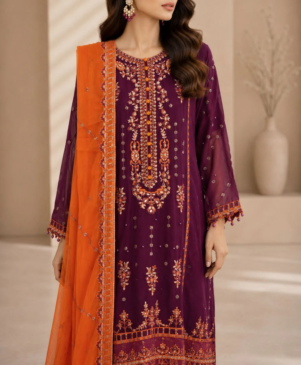 Elegant Purple and Orange: Embroidered Chiffon Suit | Ready To Wear