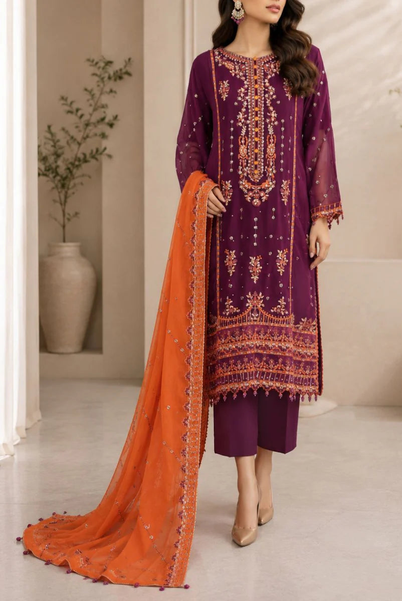 Elegant Purple and Orange: Embroidered Chiffon Suit | Ready To Wear