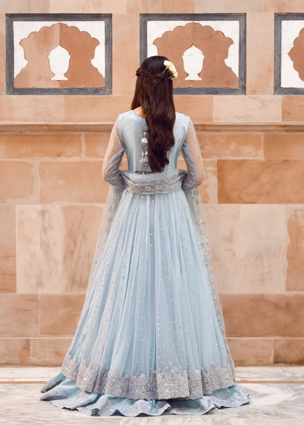 Ice Blue Illusion: Net Flared Embellished Maxi | Ready To Wear
