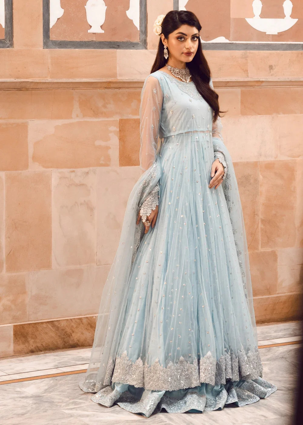 Ice Blue Illusion: Net Flared Embellished Maxi | Ready To Wear