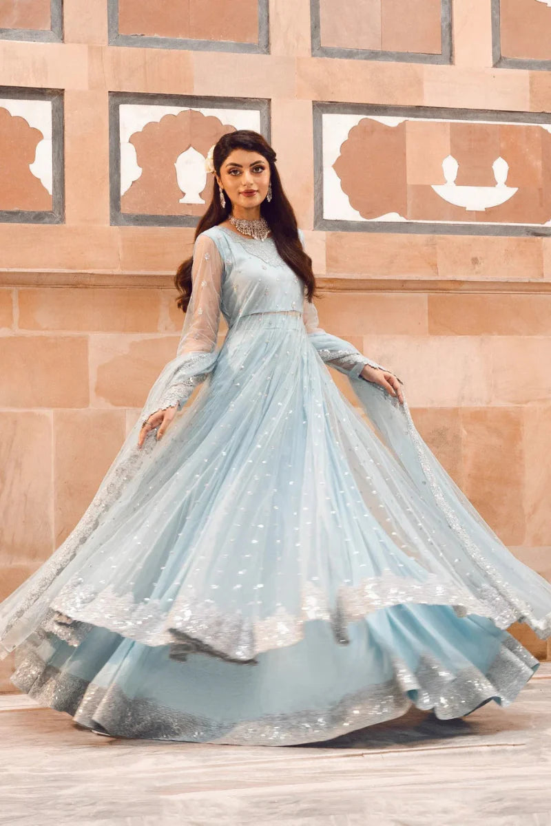 Ice Blue Illusion: Net Flared Embellished Maxi | Ready To Wear